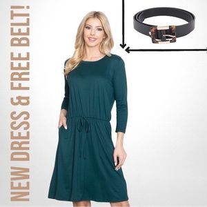 🆕HUNTER GREEN CINCH WAIST DRESS WITH POCKETS! SIZE: XL. FREE BELT W/PURCHASE!